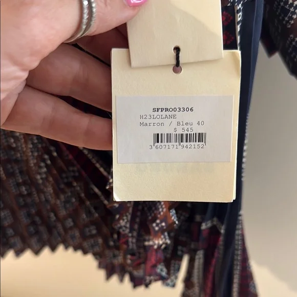 Sandro Blue and Red Pleated Long Sleeve Shirt Dress size 40 - Picture 5 of 7